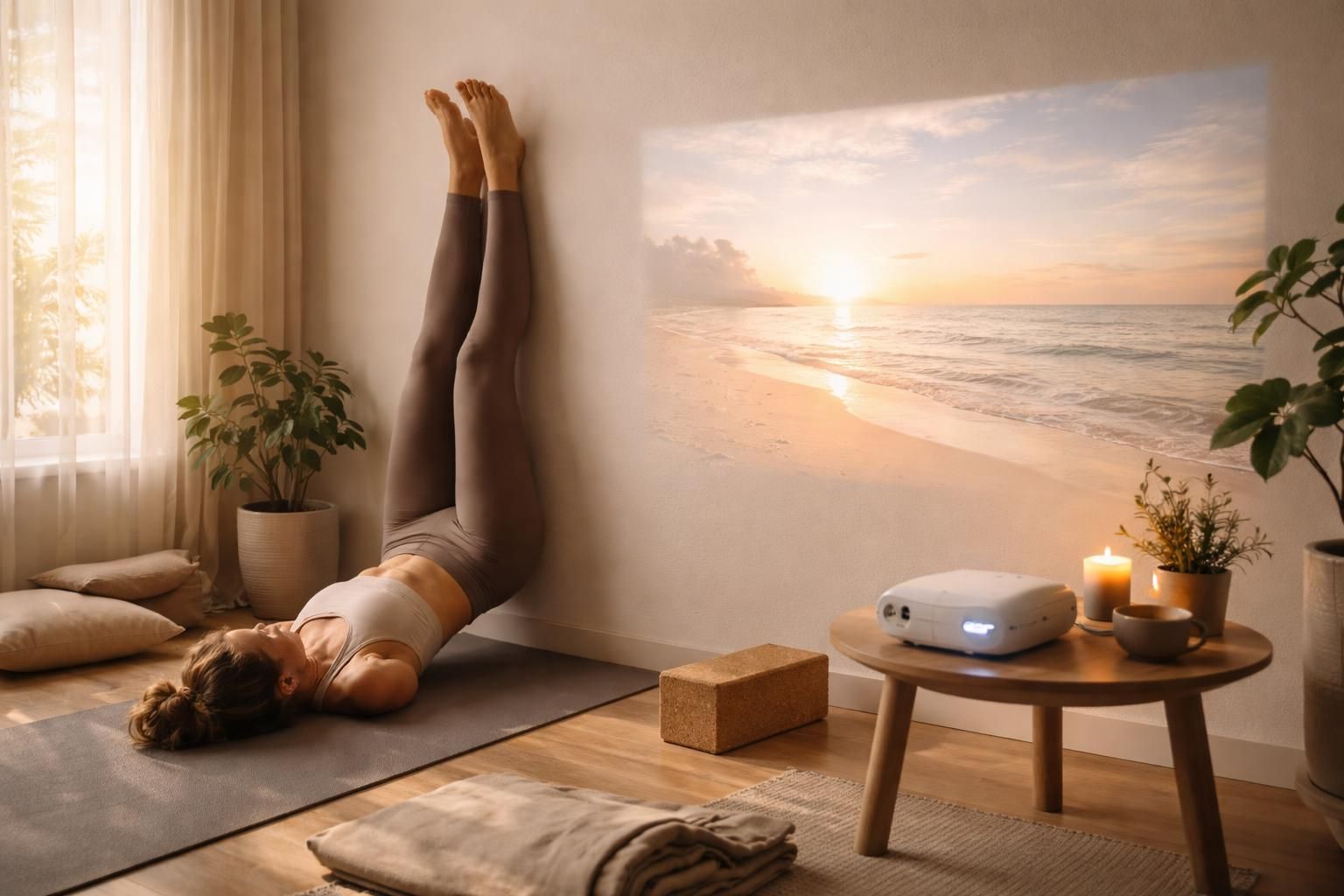 découvrez une séance de yoga au mur immersive avec un mini vidéoprojecteur acer, pour créer une ambiance zen et apaisante chez vous.