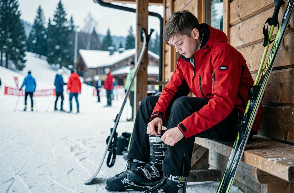 Adolescent en train d'enfiler des chaussures de ski de location à la station de montagne avant de partir sur les pistes