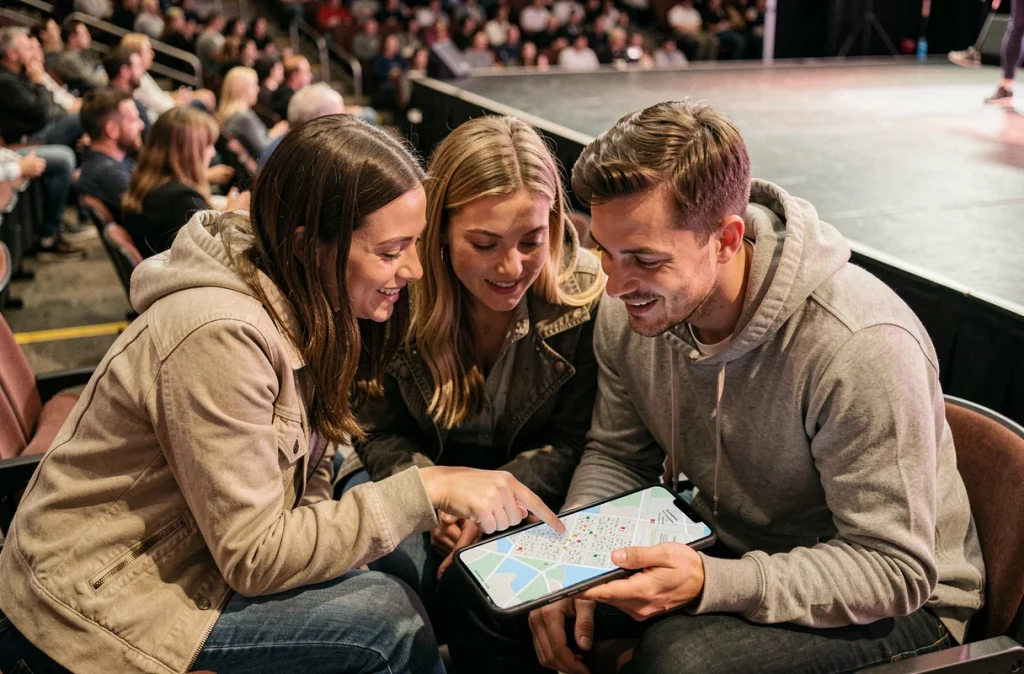 Groupe d'amis consultant un plan de salle sur smartphone assis dans des places proches de la scène à Bercy Arena