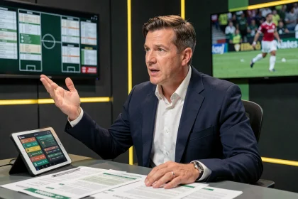 Analyste sportif commentant les performances des joueurs nantais après un match de FC Nantes dans un studio de diffusion