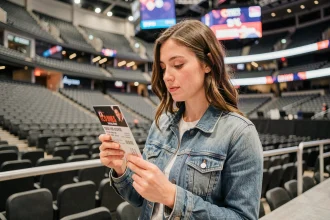 Jeune femme tenant un billet de concert devant les gradins d'une grande salle de spectacle type Bercy Arena