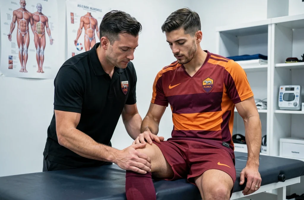 Physiothérapeute de l'AS Roma examinant la blessure d'un joueur dans une salle médicale du club