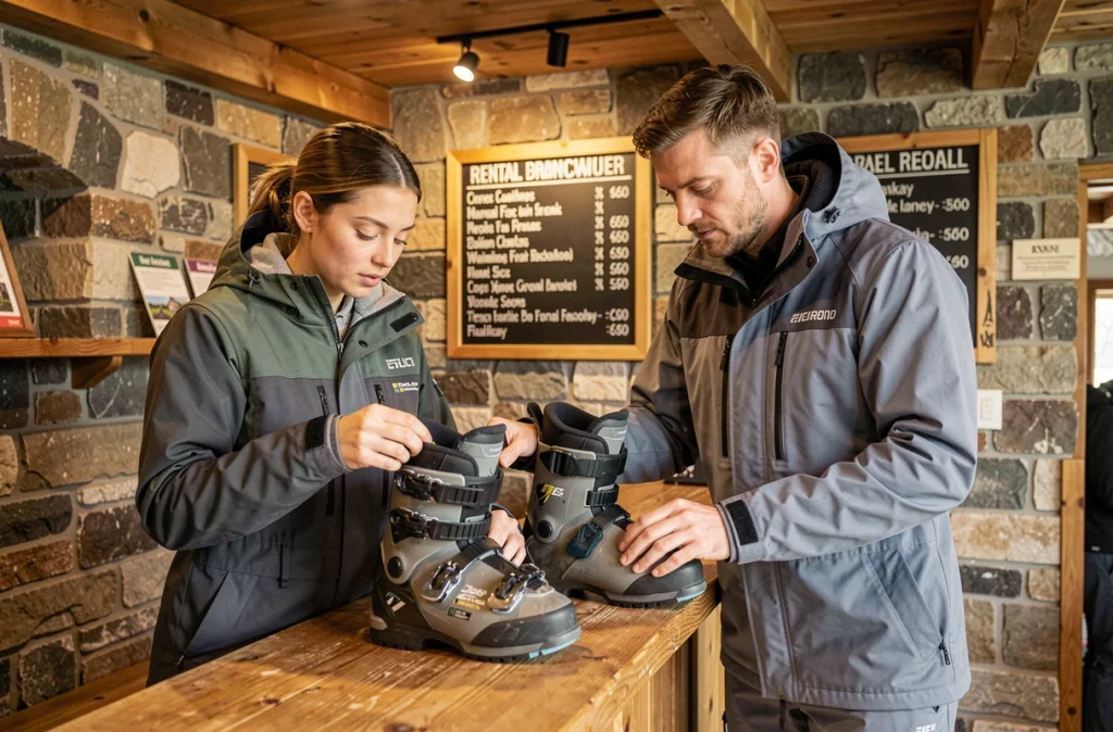 Couple comparant des chaussures de snowboard de location au comptoir d'un magasin de sports d'hiver en montagne