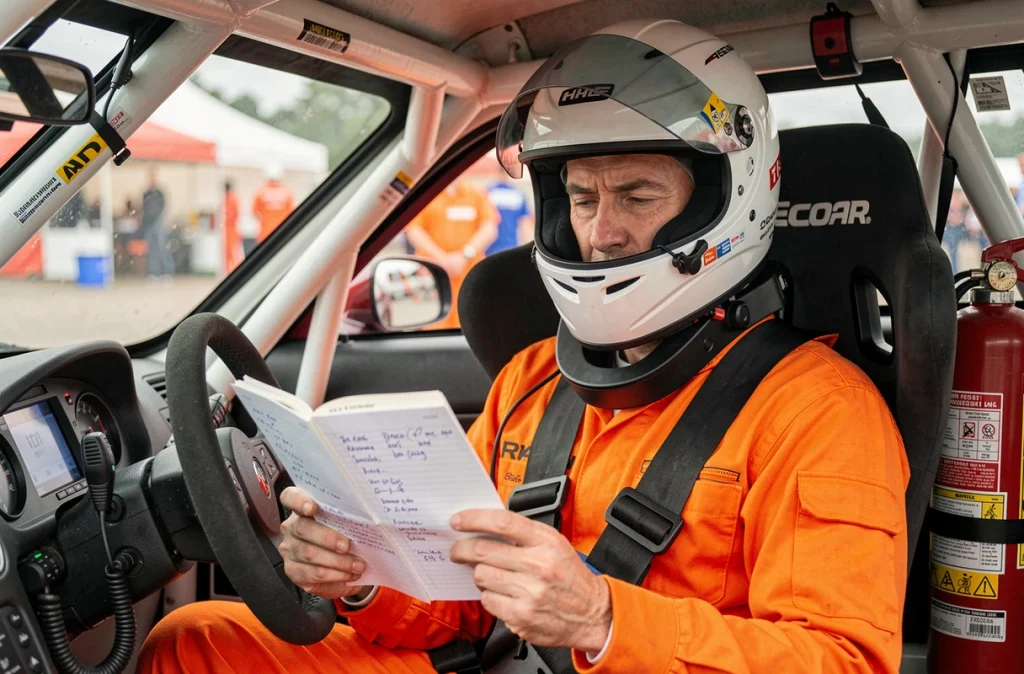 Co-pilote de rallye consultant ses notes de route dans l'habitacle d'une voiture de compétition