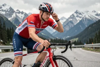 Cycliste professionnel norvégien en maillot national ajustant son casque avant une étape de montagne lors d'une course cycliste professionnelle