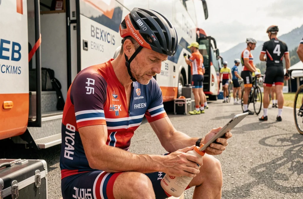 Cycliste grimpeur norvégien en récupération après une étape de montagne consultant des données de course près du bus de son équipe professionnelle