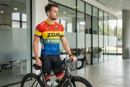 Cycliste professionnel en maillot d'équipe debout près de son vélo de course dans le hall d'un team cycliste moderne, illustrant les transferts cyclisme 2026