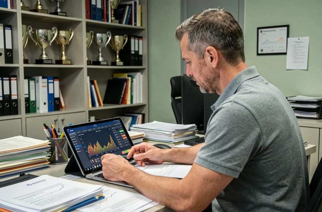 Directeur sportif cyclisme analysant des données de performance et des contrats de transfert dans un bureau d'équipe professionnelle, contexte des transferts 2026