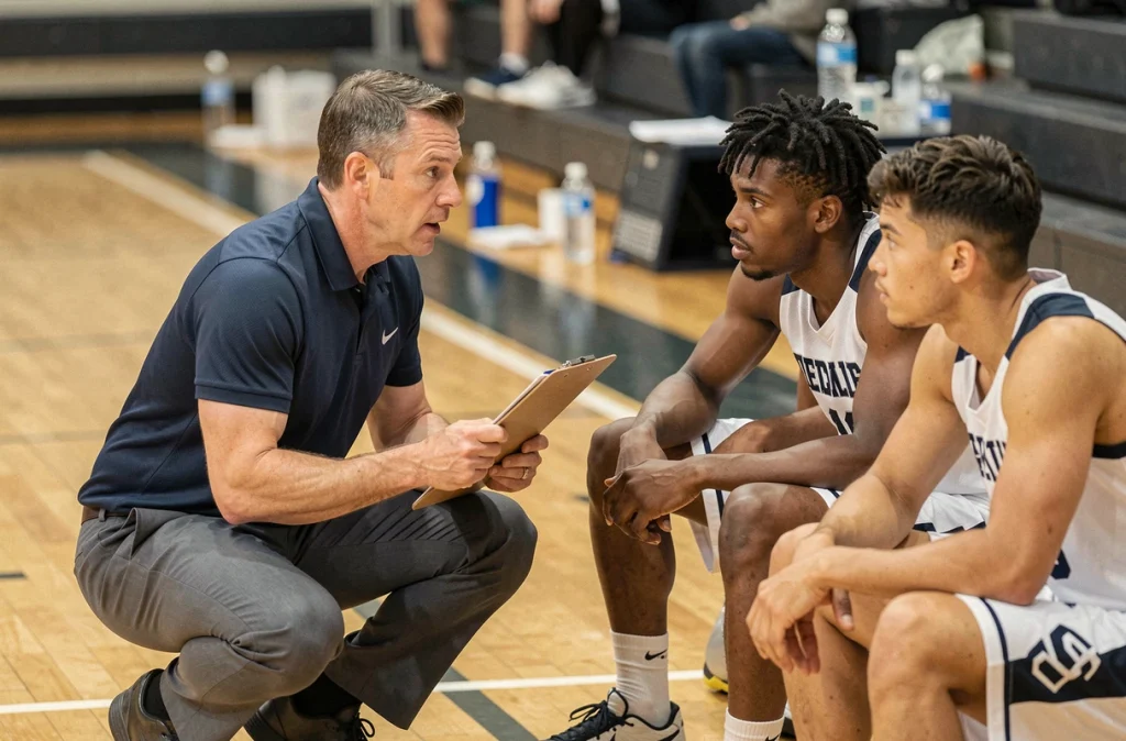 Entraîneur de basket donnant des consignes tactiques à ses joueurs lors d'un temps mort entre deux quarts-temps