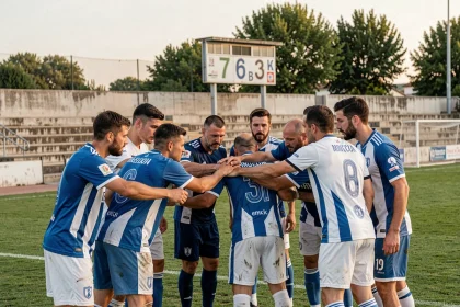 Équipe de football amateur du district de l'Hérault en cercle avant un match, jerseys bleus et blancs, terrain municipal du sud de la France
