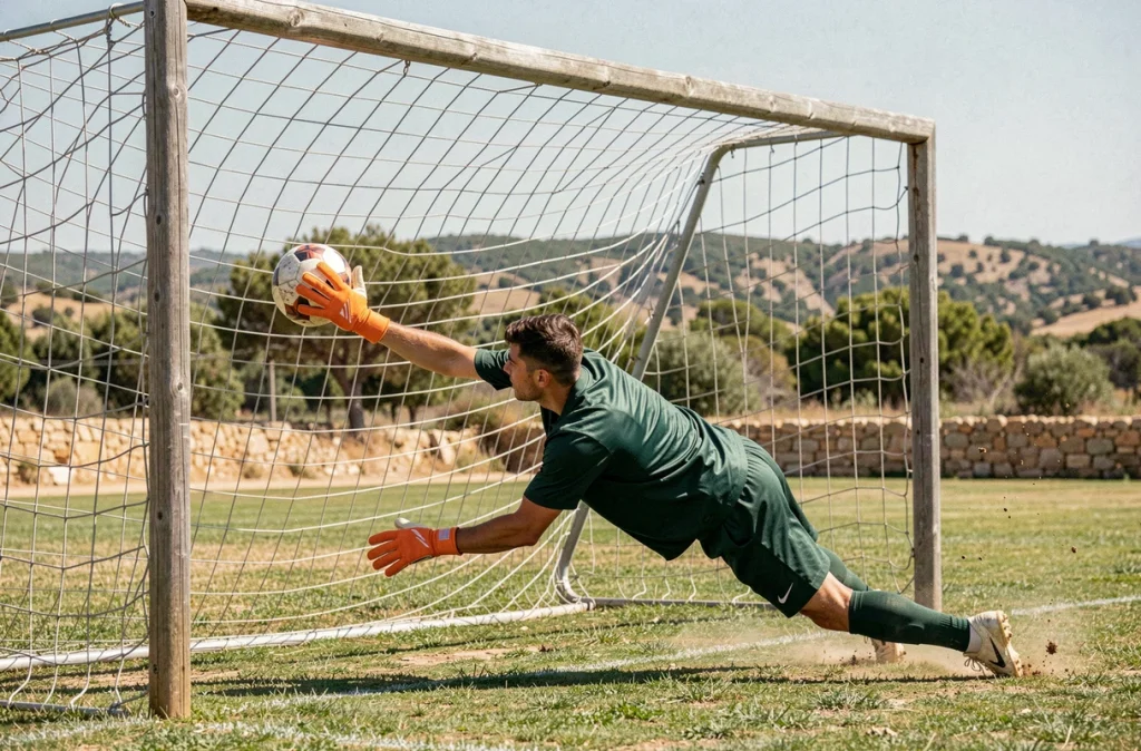 Gardien de but plongeant pour arrêter un tir lors d'un match du district de football de l'Hérault, filet et poteaux en bois visibles