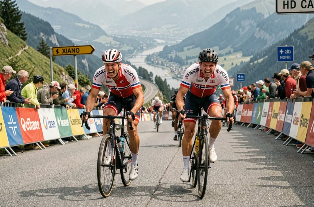 Deux grimpeurs cyclistes norvégiens en plein effort sur une ascension de col lors d'une course professionnelle avec spectateurs en bord de route