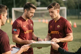 Joueur de l'AS Roma en maillot rouge discutant de tactique avec un entraîneur lors d'une séance d'entraînement