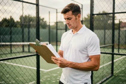 Joueur de padel consultant un tableau de classement lors d'un tournoi Point P500