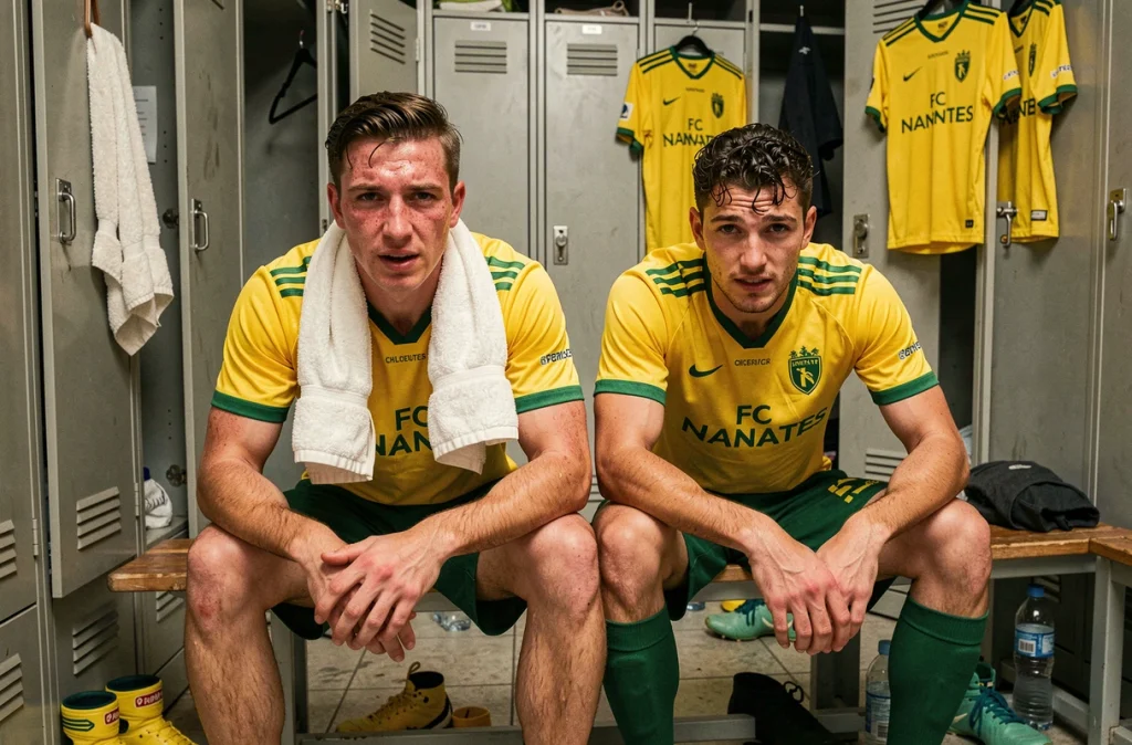 Joueurs du FC Nantes dans le vestiaire après le match, exprimant fatigue et soulagement