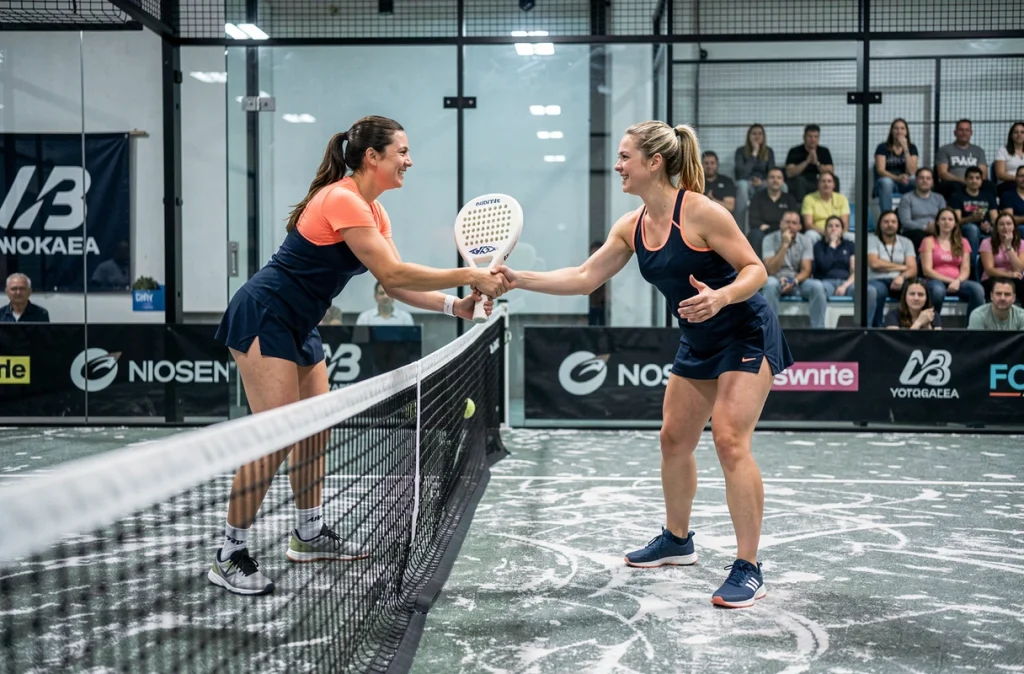 Deux joueuses de padel se serrant la main après un match en tournoi P500 en salle