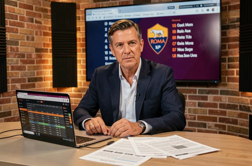 Journaliste sportif analysant les rumeurs du mercato de l'AS Roma devant des documents de transfert et un écran de statistiques