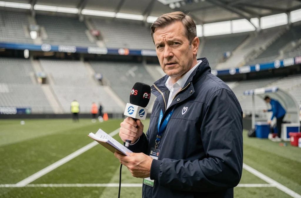 Journaliste sportif recueillant des notes et réactions au bord du terrain après un match du FC Nantes