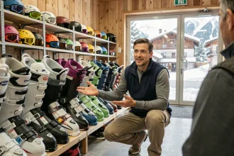 Employé d'un magasin de location de ski présentant des équipements de ski et snowboard à un client dans un chalet alpin