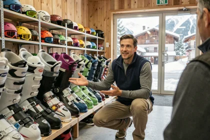Employé d'un magasin de location de ski présentant des équipements de ski et snowboard à un client dans un chalet alpin