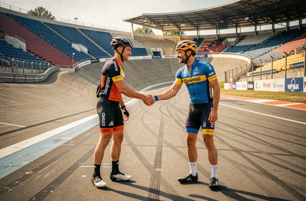 Deux cyclistes de teams différents se serrant la main sur un vélodrome, symbolisant les transferts et changements d'équipes dans le cyclisme 2026