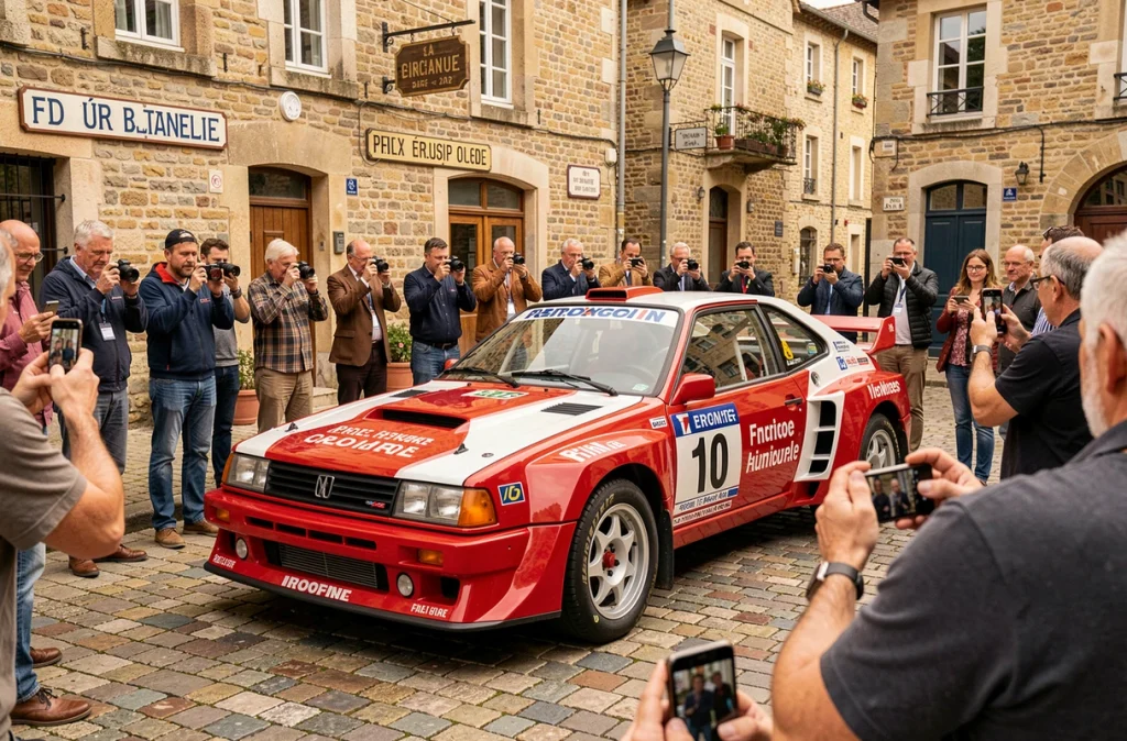 Voiture de rallye historique des années 1980 exposée lors d'un rallye historique régional en France en 2026