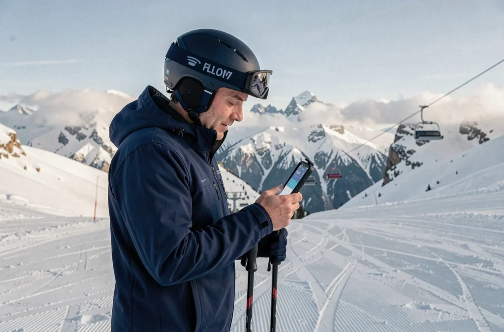 Skieur consultant son application de forfait ski sur smartphone sur les pistes des 2 Alpes