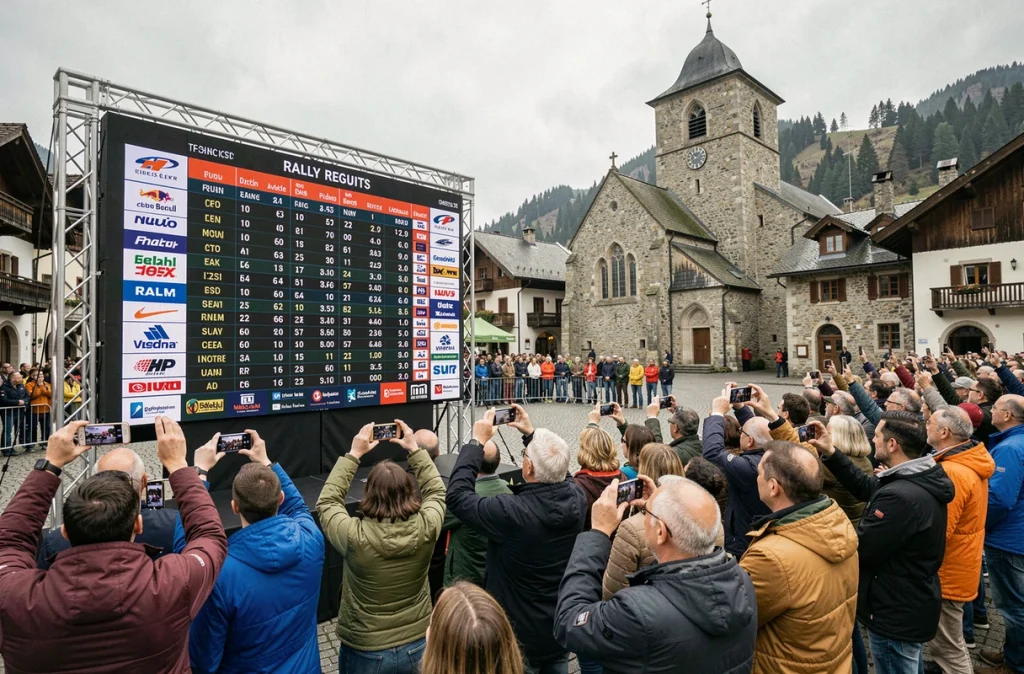 Tableau des résultats et classements en direct affichés lors d'une étape de rallye dans un village alpin