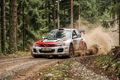Voiture de rallye en pleine action sur une spéciale forestière avec graviers projetés