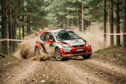 Voiture de rallye en pleine action sur une spéciale forestière lors d'un championnat de France de rallye 2026