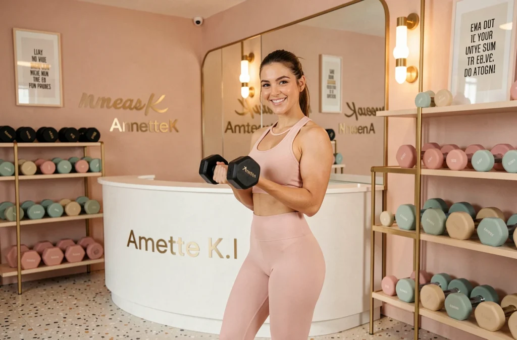 Salle de fitness Annette K. à Paris avec décor féminin pastel, poids colorés et ambiance boutique design