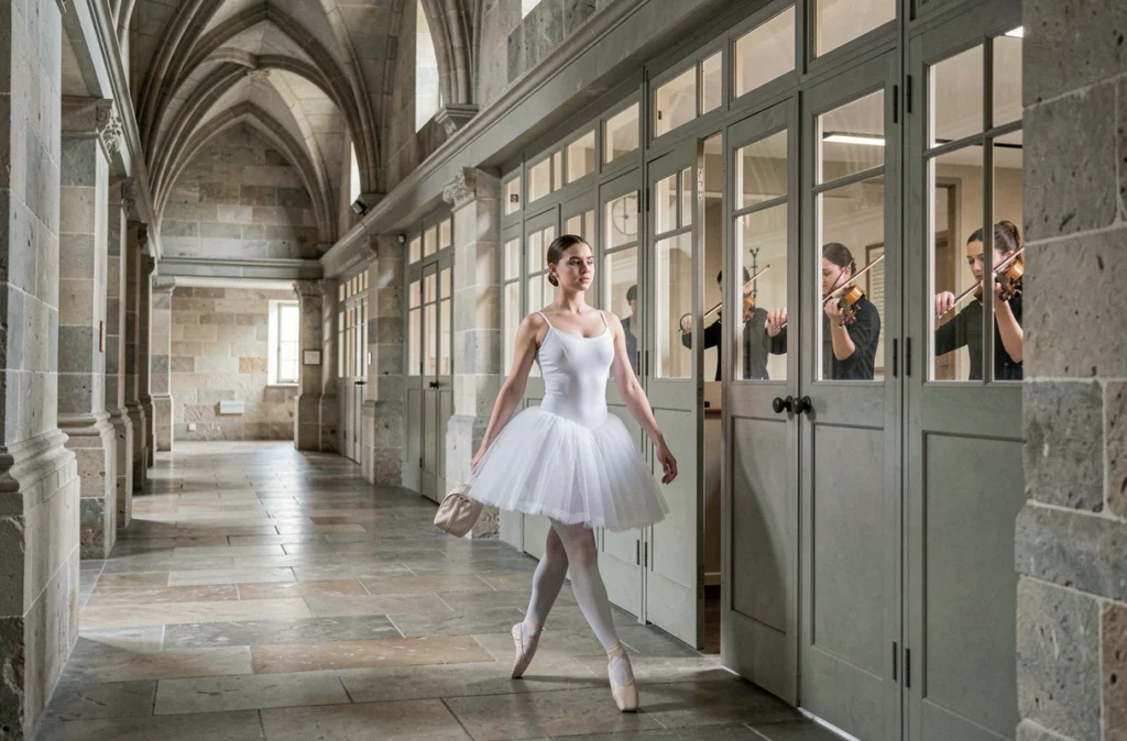Étudiante en danse classique dans le couloir du Conservatoire de Musique et de Danse de Chartres