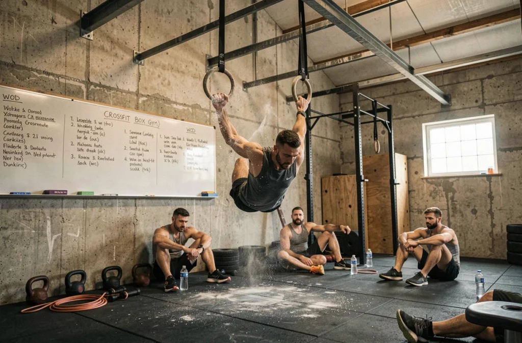 Athlète réalisant un muscle-up sur anneaux dans la box CrossFit Little Ships à Leffrinckoucke
