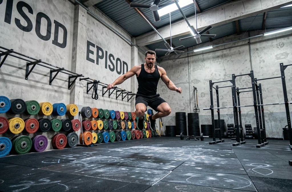 Salle EPISOD à Paris avec espace fonctionnel CrossFit, racks de squat et plaques bumper colorées sur sol en caoutchouc