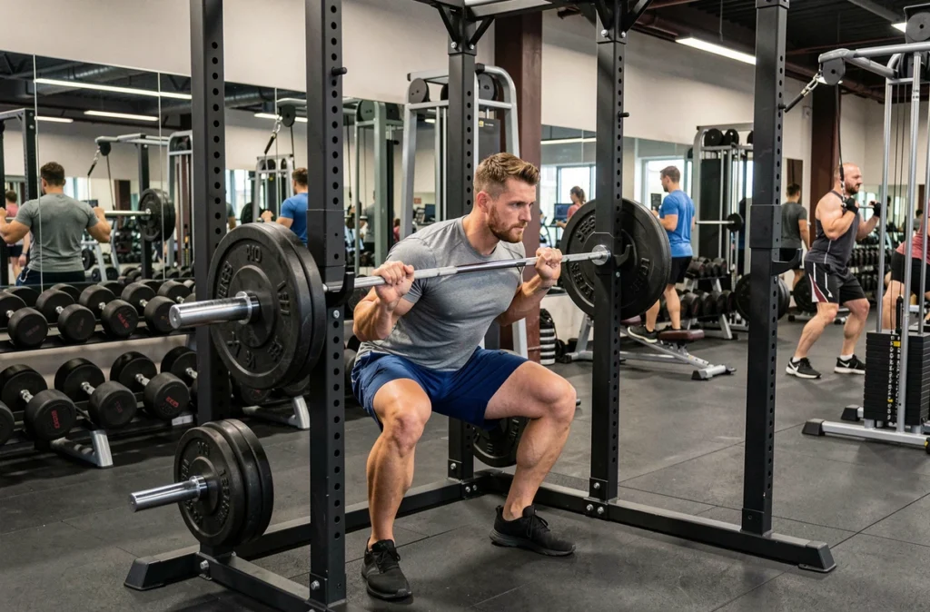 Athlète réalisant un squat barre dans la zone musculation équipée de Fitness Park Lille