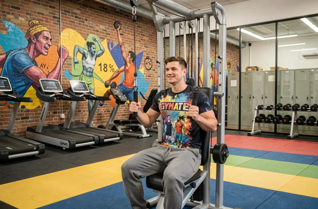 Salle Gymate à Paris avec murales colorées, équipements accessibles et ambiance communautaire et dynamique
