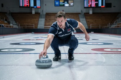 Joueur de curling en position de lancer sur la glace, release d'une pierre de granite lors d'une partie officielle
