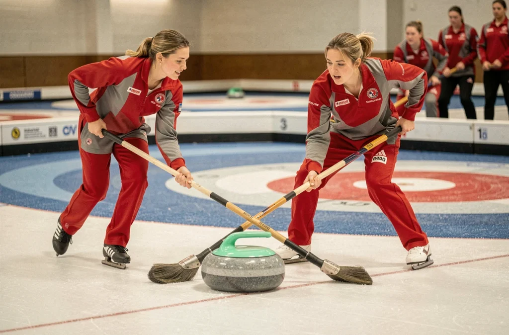 Deux joueuses de curling balayant énergiquement la glace devant une pierre en mouvement lors d'une compétition
