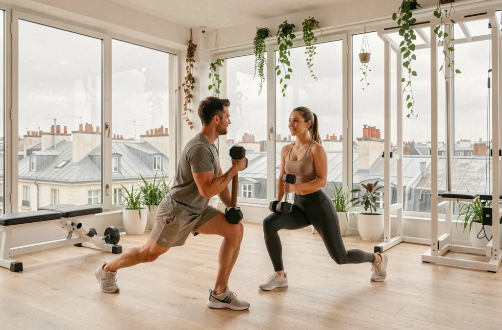 Salle La Montgolfière à Paris avec vue panoramique sur les toits parisiens et espace fitness lumineux et aérien