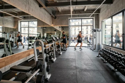 Vue panoramique d'une salle de musculation moderne à Paris avec équipements professionnels et architecture contemporaine