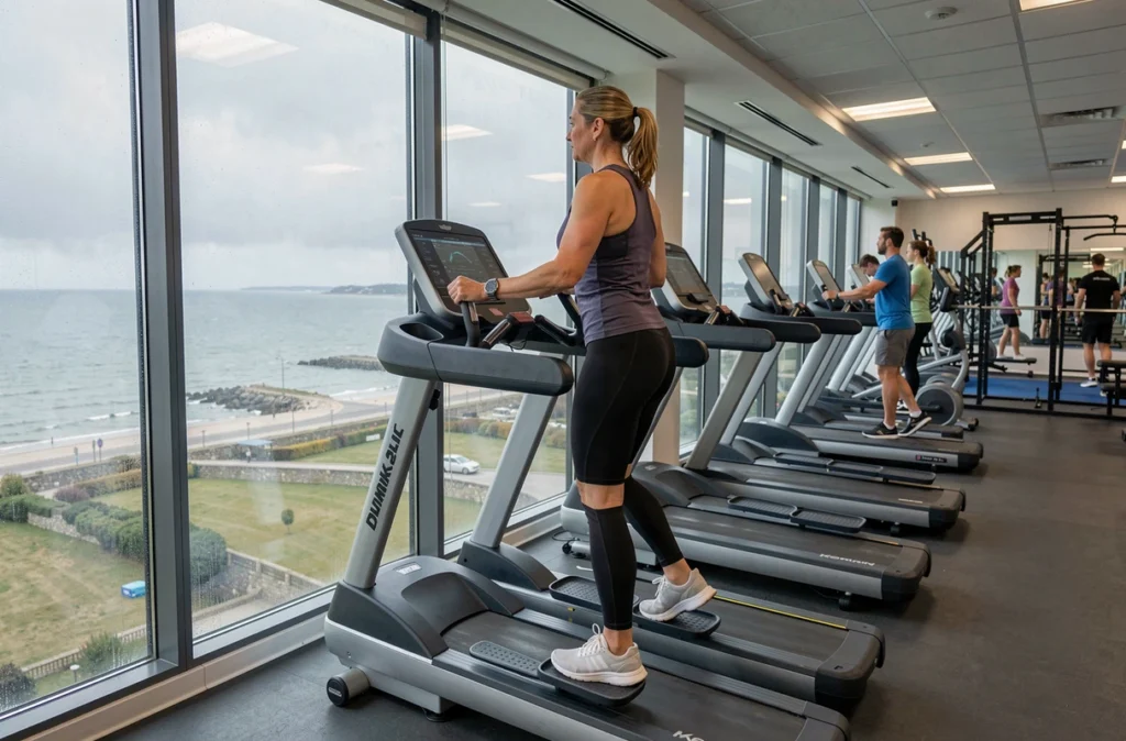 Femme faisant du cardio à L'Orange Bleue Dunkerque avec vue sur le littoral nord en arrière-plan