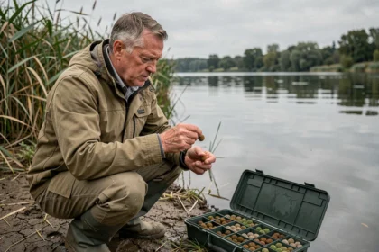 Pêcheur de carpe examinant une bouillette au bord d'un lac naturel avec boîte à appâts ouverte