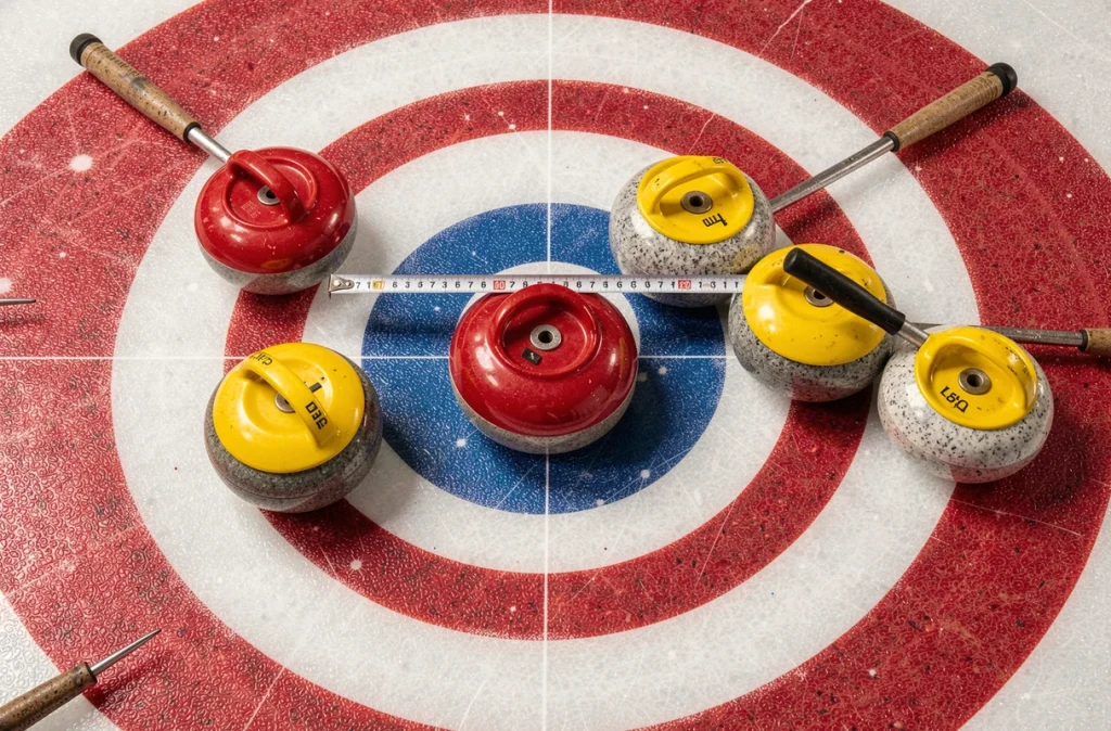 Vue aérienne des pierres de curling positionnées dans la maison cible avec ruban de mesure pour déterminer le point le plus proche