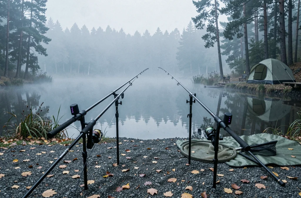 Session de pêche à la carpe à l'aube avec cannes montées sur pod au bord d'un lac brumeux