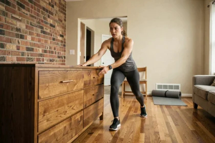Femme poussant une commode lourde sur un parquet comme alternative au sled push à la maison